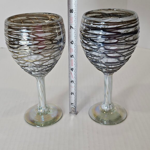 Unique Hand Blown Art Glass 2 Goblets With Chocolate Web Design Over White Base - Picture 10 of 12